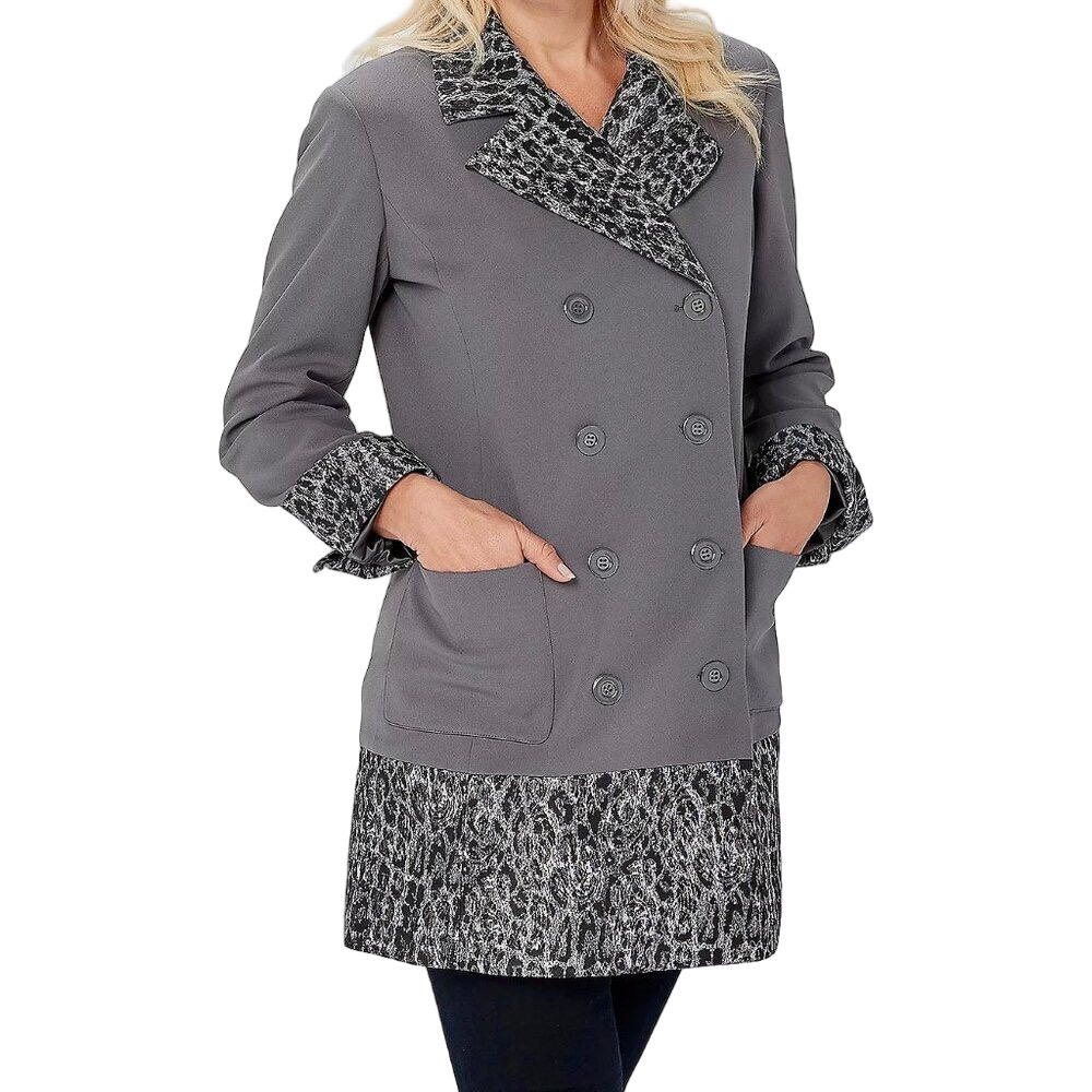 Leopard Trim Dennis Basso Blazer Peacoat Double-Breasted S 16 New With Tags - Picture 3 of 15